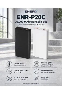 ENERX Powerbank 20000 Mah 2.1 Amper Enr-p20c Beyaz
