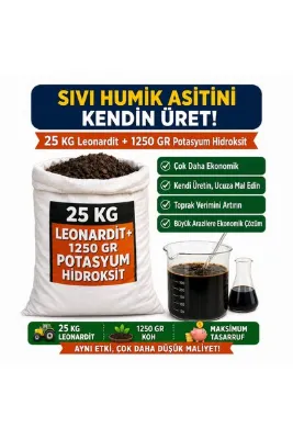 LEONARDİT Sıvı Humik Asit Yapımı İçin ve Potasyum Hidroksit Seti - 100 Litrelik - 25 Kg Afşin ve 1250 Gr Potasyum Hidroksit - KOH - Hümik Fulvik Asit Seti