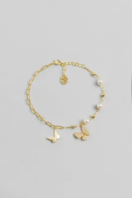 So CHIC... Kelebek Etkisi 18 Ayar Sarı Altın Kaplama 20 Cm Gümüş İnci Bileklik