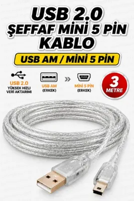 nelerbulurum Yüksek Kaliteli 3 metre USB 2.0 Mini USB 5 Pin Şarj ve Veri Kablosu PS3 PS4 Oyun Konsolu GPS DVR Araç Kamerası Aksiyon Kamera Müzik Çalar Uyumlu