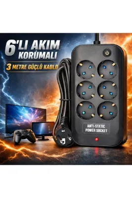 FIRSAT YOLU 6’lı Akım Korumalı Priz Anahtarlı Parafudr Anti-Statik 3x1.5mm 3 Metre Uzatma Kablosu Çocuk Korumalı