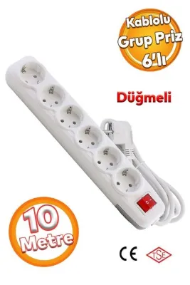 Badem10 6'lı Grup Priz - (10 METRE) Topraklı Fiş Çoğaltıcı Çoklu Uzatma Kablosu Anahtar Düğmeli Pirizi