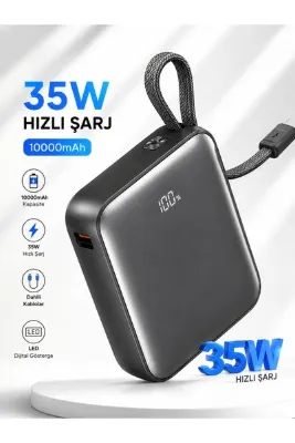 Moxti 35W Süper Hızlı Şarj Powerbank 10000 mAh Dahili Type-C Kablolu Dijital Ekranlı Cep Boy