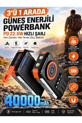 VEROXA 40.000Mah Güneş Enerjili Powerbank 3’ü 1 Arada Pd 22.5W Hızlı Şarj – Kablosuz Şarj, LED Fener, Manyetik, Type-C Süper Güç