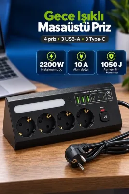 mimtec Akıllı Masaüstü Priz - 2200W Akım Korumalı USB-A Type-C Çıkışlı 4 Soketli Işıklı Masaüstü Priz