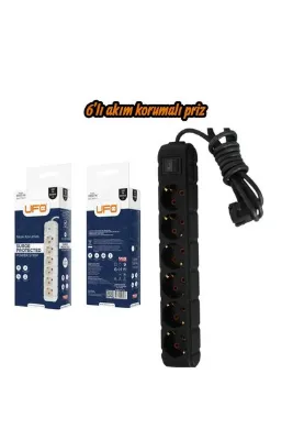 UFO Akım Korumalı 5 mt Kablolu Grup Priz Max 3500W 16 Amper Aşırı Yük Koruması 6lı Çoklu Priz Siyah