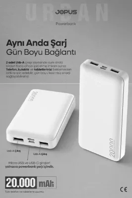 Jopus 20000mAh Powerbank - Led Işık Göstergeli - Taşınabilir Şarj Cihazı - Beyaz JP-P10A