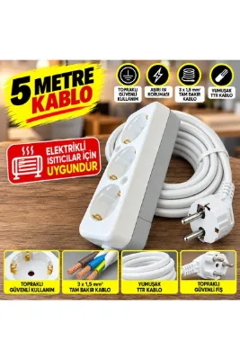 KARTECH 5 Metre 3'lü Topraklı Uzatma Priz 3x1,5 Mm² Tam Bakır Kablo Elektrikli Soba Isıtıcı Ev Ofis Için Güçlü Uzatma Kablosu