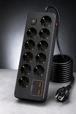 Aırstorr PRO-EU04 10’li Akım Korumalı Çoklu Priz – 2 USB-C + 2 USB-A | 2500W 10A | 2 Metre Kablolu