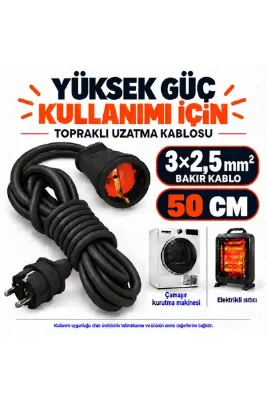 UFO 3x2,5 mm² Bakır Kablolu Topraklı Tekli Seyyar Uzatma kablosu 0.50 cm Siyah(Güçlü cihazlar için özel yapım )