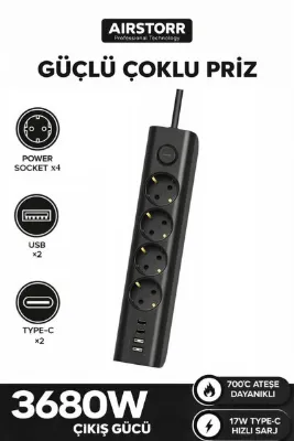 Aırstorr PS1 4’lü Priz 2 USB 2 Type-C Hızlı Şarj 3680W Anahtarlı Güvenli Priz