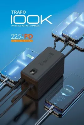 peakaks 120.000 Mah PD 22.5W Hızlı Şarj Dahili Kablolu Gerçek 120.000 Mah Siyah Powerbank Trafo Siyah