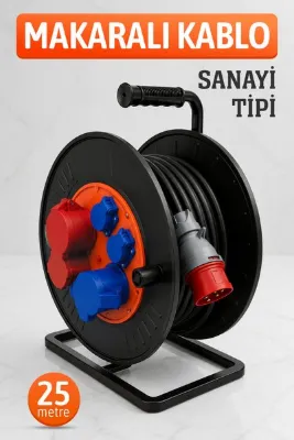 Badem10 25 Metre Sanayi Tipi Kablo Makarası 6 Çıkışlı Metal Gövdeli IP44 Endüstriyel Bakır Uzatma Kablosu