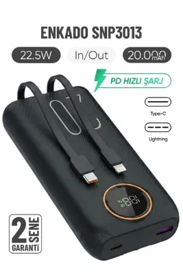 Enkado SNP-3013 20.000 Mah Hızlı Şarj LED Göstergeli Powerbank 2in1 Dahili Kablolu Taşınabilir Şarj Cihazı