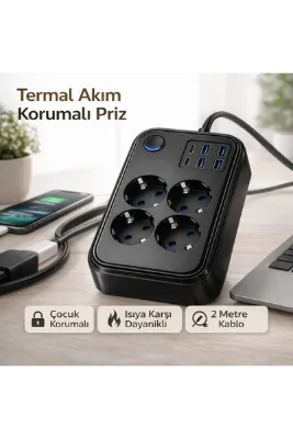MEGAMUS Çoklu Priz 4’lü USB Type-C Girişli Termal Korumalı 2m Kablo Çocuk Güvenlikli