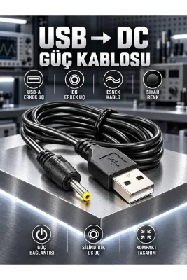 MVLH 1 Metre / 2.5x0.7 mm Ölçülü USB A'dan DC Jak Girişli / Akıllı Cihazlar İçin Evrensel Şarj, Güç Aktarım Kablosu