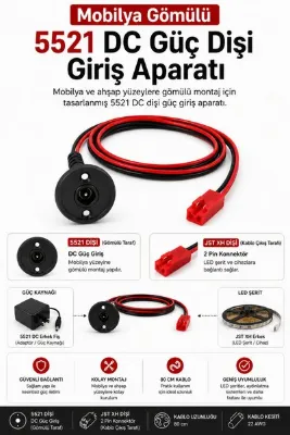 MELKO Mobilya Gömülü 5521 DC Güç Dişi Giriş Aparatı – 80 cm JST XH Çıkışlı Güç Bağlantı Kablosu