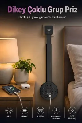 ROBEVE Fulltech FTR40 Teleskopik Çoklu Priz Aşırı Gerilim Korumalı Uzatma Prizi – 3’lü Priz USB-C PD 20W Ve USB-A QC Hızlı Şarj Anahtarlı Siyah Dikey Çoklu Priz Yatak Başı Çalışma Masası Ofis