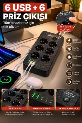 WUNİT Akım Korumalı 6lı Grup Priz 3x USB 3XUSB-C Ekstra 6 Kablo Girişli 2 Metre