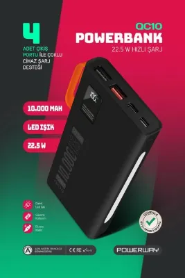 POWERWAY 10.000 Mah Pd 22.5W Dahili Kablolu Hızlı Şarj Led Fener Gerçek 10.000 Mah QC10 Beyaz Powerbank