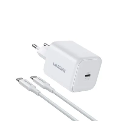 Ugreen 65055 45W GaN Hızlı Şarj Cihazı 1xUSB-C Kablo Dahil Beyaz