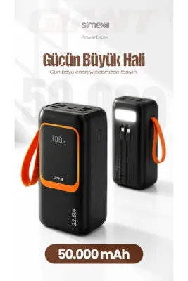 Simex 50.000 mAh 22.5W PD Hızlı Şarj Kablolu Powerbank Dijital Göstergeli Fenerli Taşınabilir Kamp Cihazı