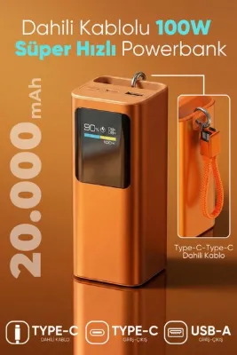 Enshall 100W Süper Hızlı 20.000mAh Acl Mini Taşınabilir Type-C Kablolu Güç Bankası Powerbank