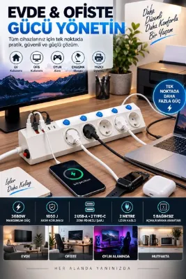 asua 5'Li Grup Priz Her Prize Ayrı Şalter 2 USB 2 Type-C PD Hızlı Şarj 3680W 1050 Joule Korumalı 2 Metre