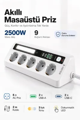 Kensa Akım Korumalı Dokunmatik LED Işıklı Priz 5'li + 2X USB-A + 2X USB-C (2 Metre Kablo)