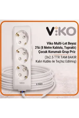 VİKO Multi-Let Beyaz 3'lü 8 Metre Topraklı Çocuk Korumalı Grup Priz (3x2.5 TTR Tam Bakır Kalın Kablo)