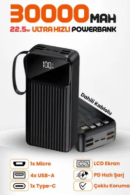 Enshall 30.000 mAh Linkage 22.5W Hızlı Şarj Destekli Dahili Kablolu Taşınabilir Batarya Powerbank
