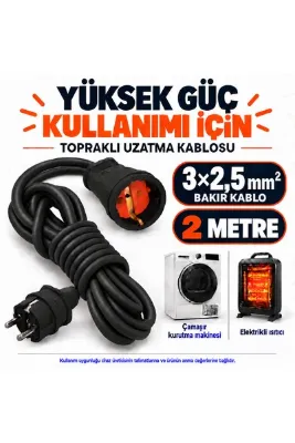 UFO 3x2,5 mm² Bakır Kablolu Topraklı Tekli Seyyar Uzatma kablosu 2 Metre Siyah(Güçlü cihazlar için özel yapım )