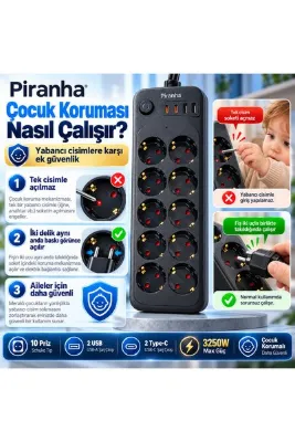Piranha 10'lu Çocuk Korumalı 3250W Termal Akım Korumalı Priz Gerçek Bakır 2 Metre Kablolu 2 USB 2 Type-C