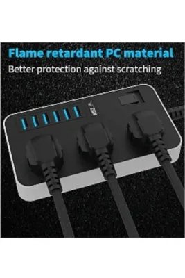 qasul Akım Korumalı 6 Usb'li 3'lü Grup Priz 2 M Uzatma Kablosu