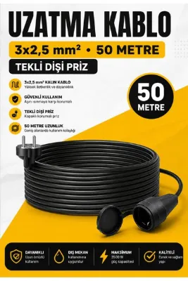 SGS Profesyonel Uzatma Kablosu 3x2,5 mm² 50 Metre Tekli Dişi Prizli Kablolu Uzatma