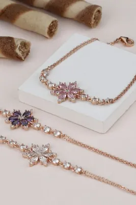 Şimal Silver 925 Ayar Rose Beyaz Taşlı Lotus Gümüş Bileklik