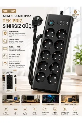 ÇELİKWORK 10’lu Akım Korumalı Priz Çoklayıcı 3 USB 1 Type-C 3.4A 16A Uzatma Kablolu Ev Ofis