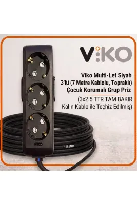 VİKO Multi-Let Siyah 3'lü 7 Metre Topraklı Çocuk Korumalı Grup Priz (3x1.5 TTR Tam Bakır)