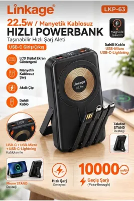 Linkage Power Bank USB-USB-C-Linghtning Kablo Çıkışlı 10000mAh Kapasiteli 22.5W