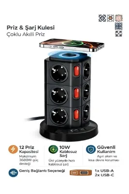 ÇELİKWORK Kule Tipi 3xUSB, 12'li Akım Korumalı Priz, Soket 10Watt Wireless Kablosuz Şarj Pedi Çoklayıcı Ofis