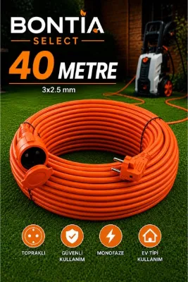 Bontia Uzatma Kablosu 40 Metre 3x2.5 mm² CCA Kablolu Kapaklı Monofaze Ev Tipi Topraklı Tekli Grup Fiş Priz IP44 Taşıma Çantalı