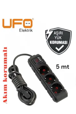UFO Akım korumalı grup priz (((siyah renk))) 5.0 mt kablolu (1.sınıf kaliteli)anahtarlı