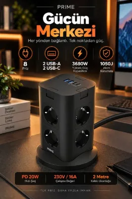 ROBEVE Fulltech PRIME 8’li Akım Korumalı Kule Priz 3680W - PD 20W, 1050J Koruma, 2 USB-C + 2 USB-A, 4 Bağımsız Güç Anahtarı, 2 Metre Kablolu Dikey Çoklu Priz Grup Priz Kule Tipi Grup Priz