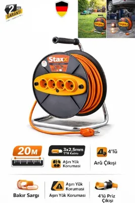 STAXX POWER Metal Gövdeli Makaralı Uzatma Kablosu 20M 3x2.5 mm 4 Prizli Şantiye Atölye Bahçe Aletlere Uygun Tip