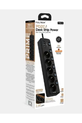 Fulltech FTR-31 Akım Korumalı Çoklu Priz 5+1 Güç Anahtarlı 2 x Usb-A 2 x Usb-C 5 x Ac Socket 2 M Kablo