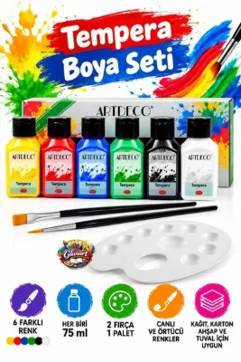 Glanart 6x75 ml tempera guaj boya seti (fırça ve paletli set ) artdeco