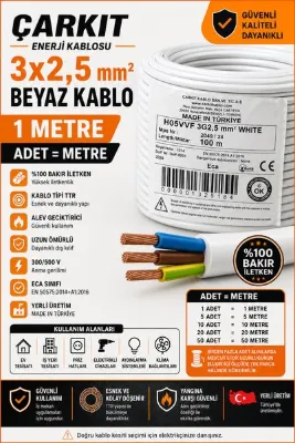 çarkıt kablo Çarkıt 3x2,5 mm² Enerji Kablosu Beyaz – 1 Metre