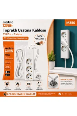 makro tech 3'lü 2 Metre BAKIR Kablolu Topraklı Grup Priz