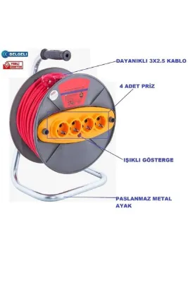 Makaralı Uzatma Kablosu Ct Seyyar 3 X 2,5 Mm Kalın 40 Metre Eldiven Hediyeli
