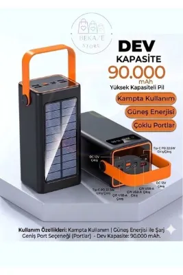 BEKAZE 22.5W 90000 mAh Solar Powerbank Hızlı Şarjlı 4 USB Type-C Micro Lightning Kablolu